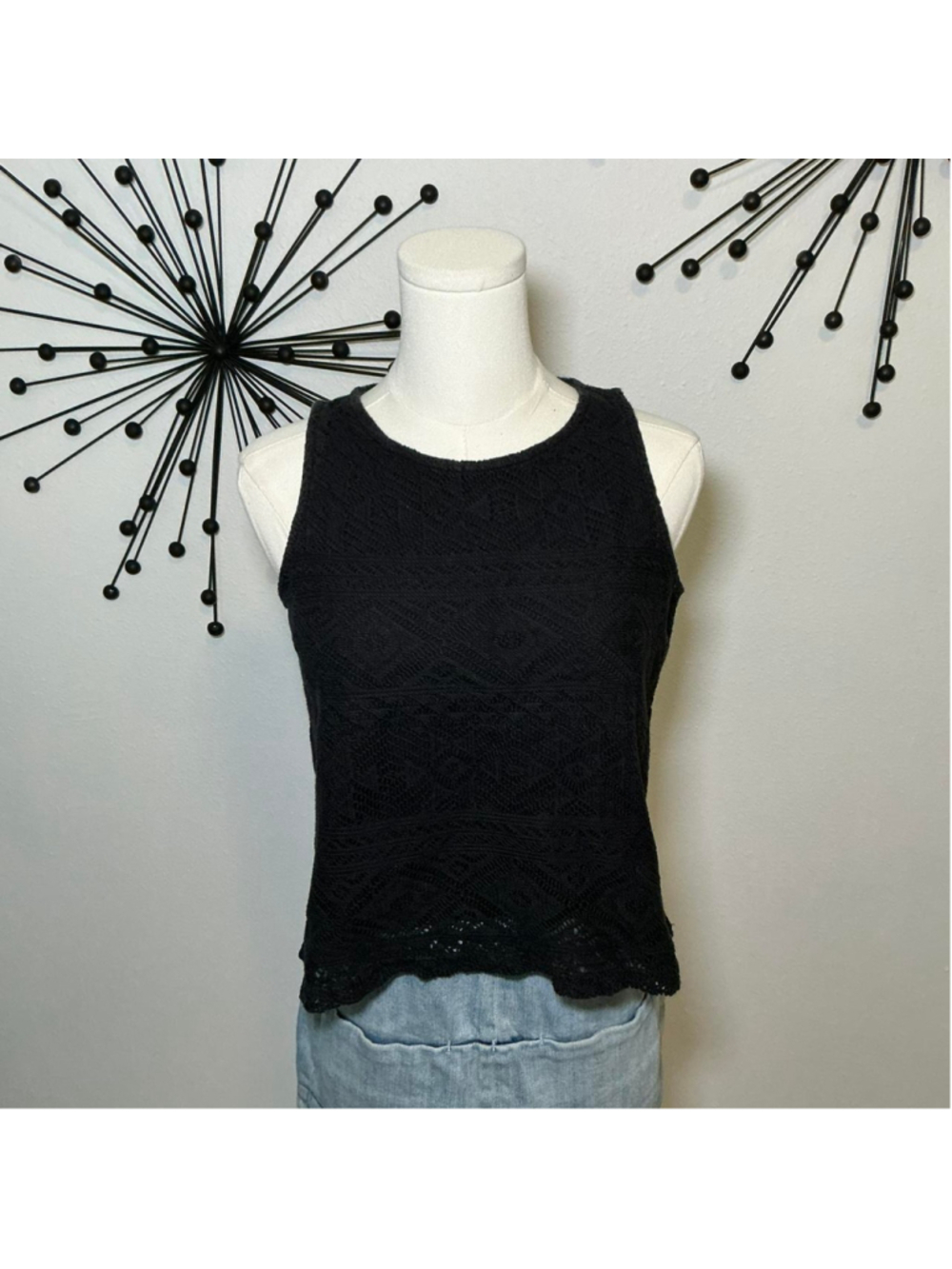 Stradivarius Black Crochet Lace Tank Top Sheer Boho Minimalist
